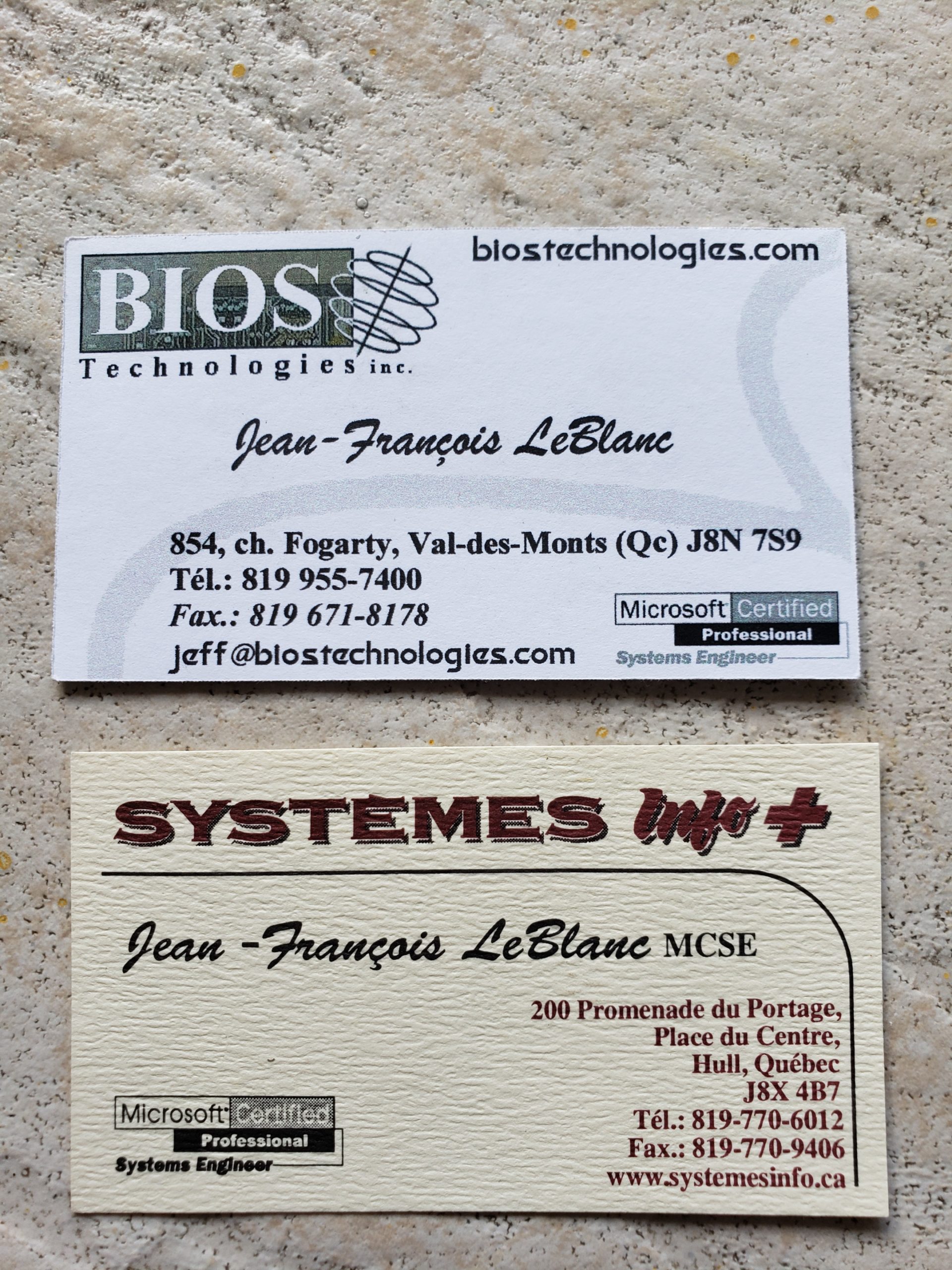 Systèmes Info + - BIOS Technologies - premières cartes d'affaires - Jean-François LeBlanc