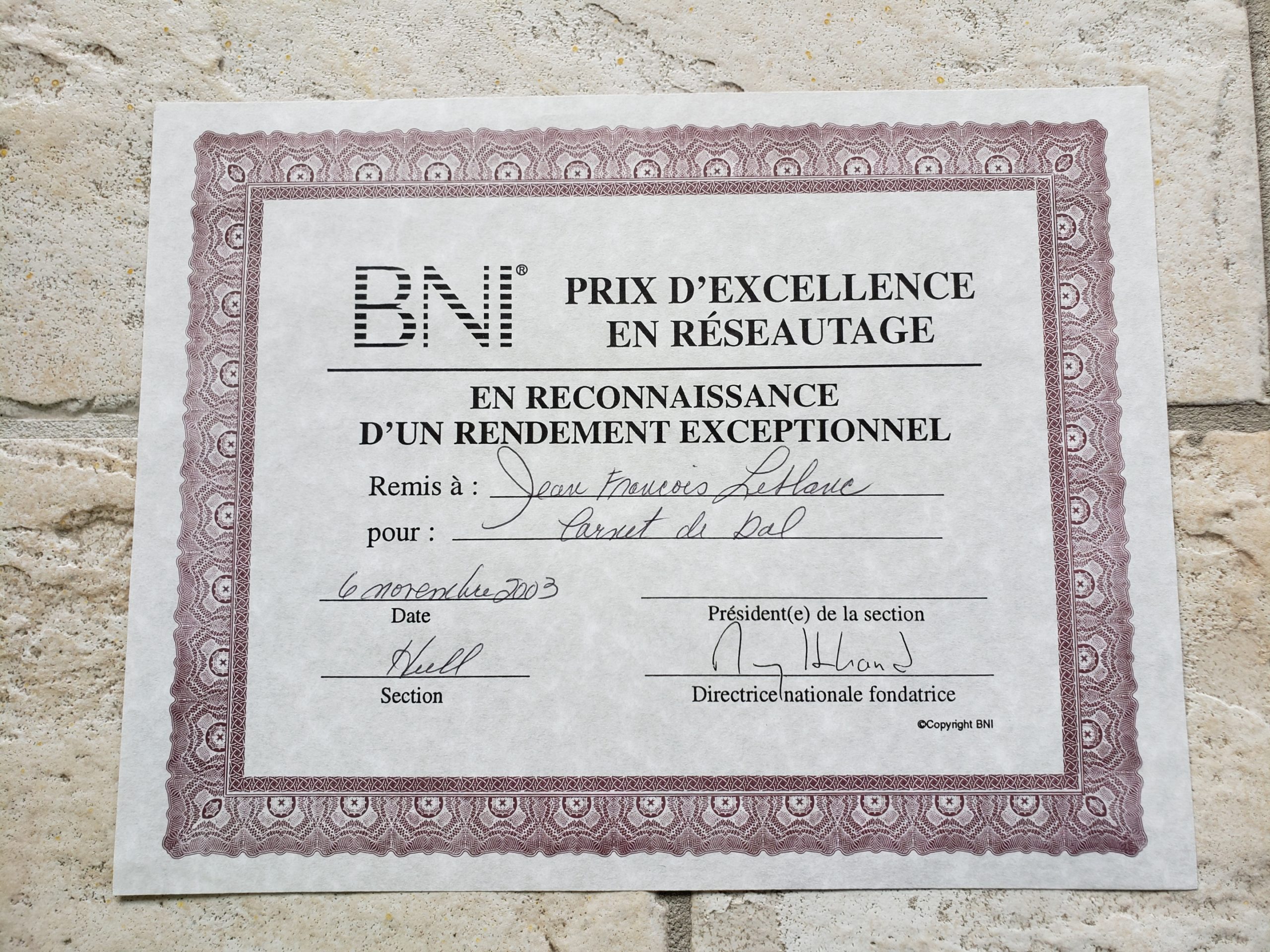 Quelques diplômes de mon temps dans les BNI (Business Network International)
