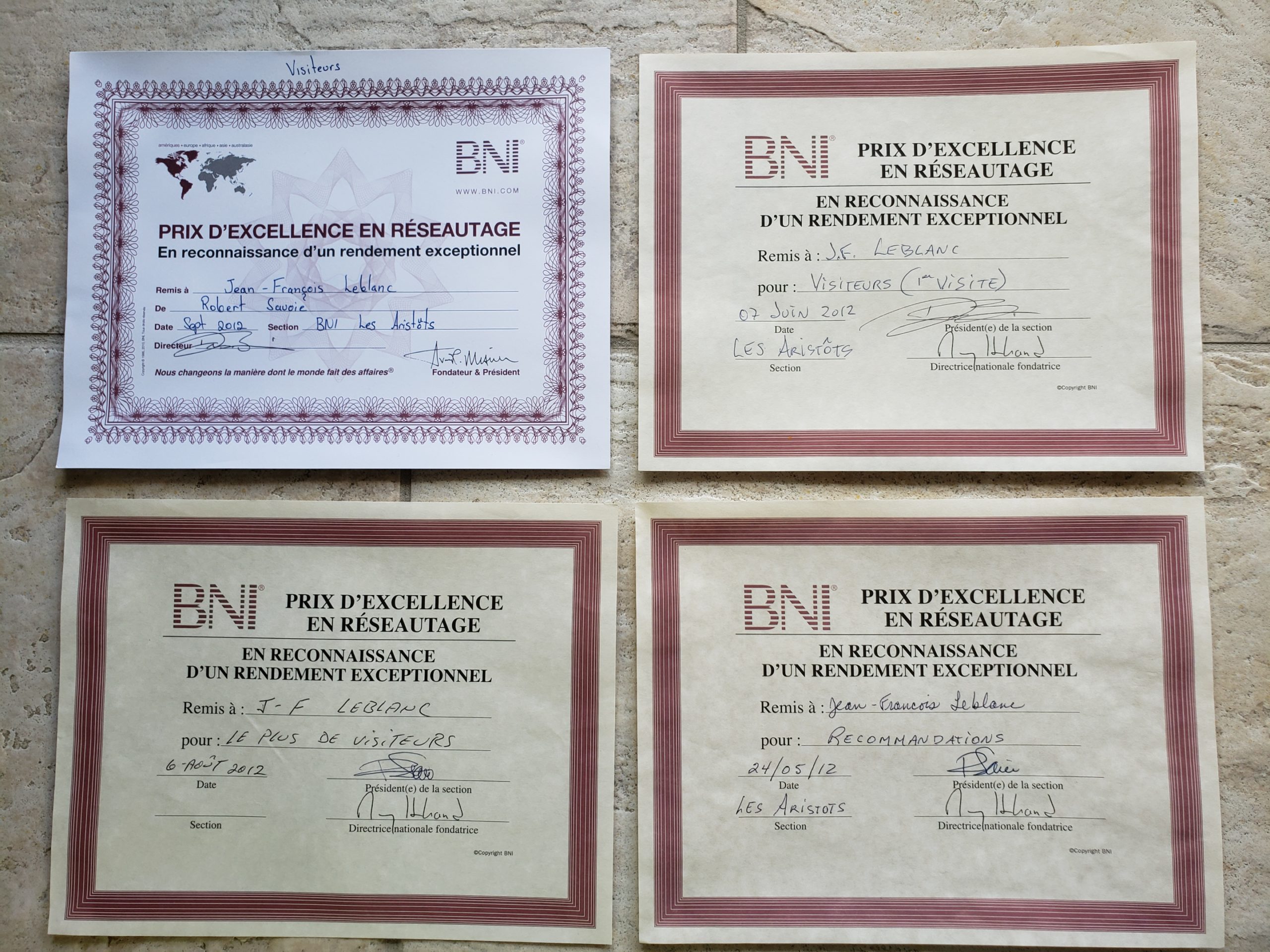 Quelques diplômes de mon temps dans les BNI (Business Network International)