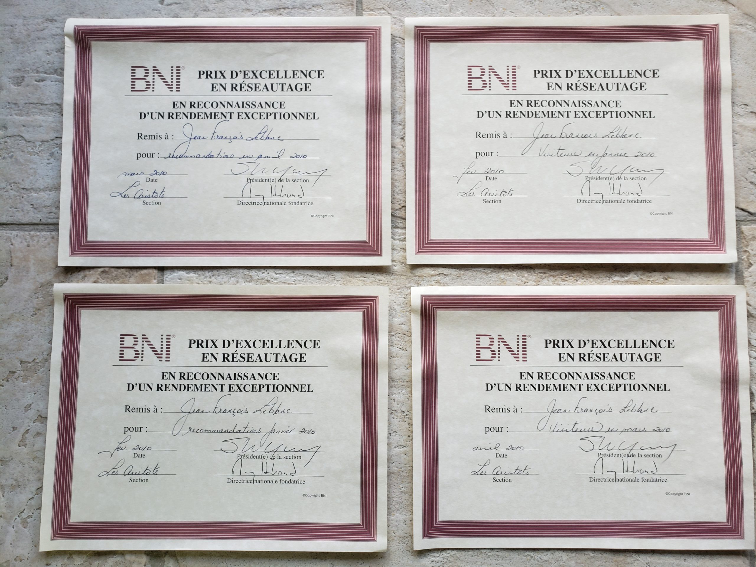 Quelques diplômes de mon temps dans les BNI (Business Network International)