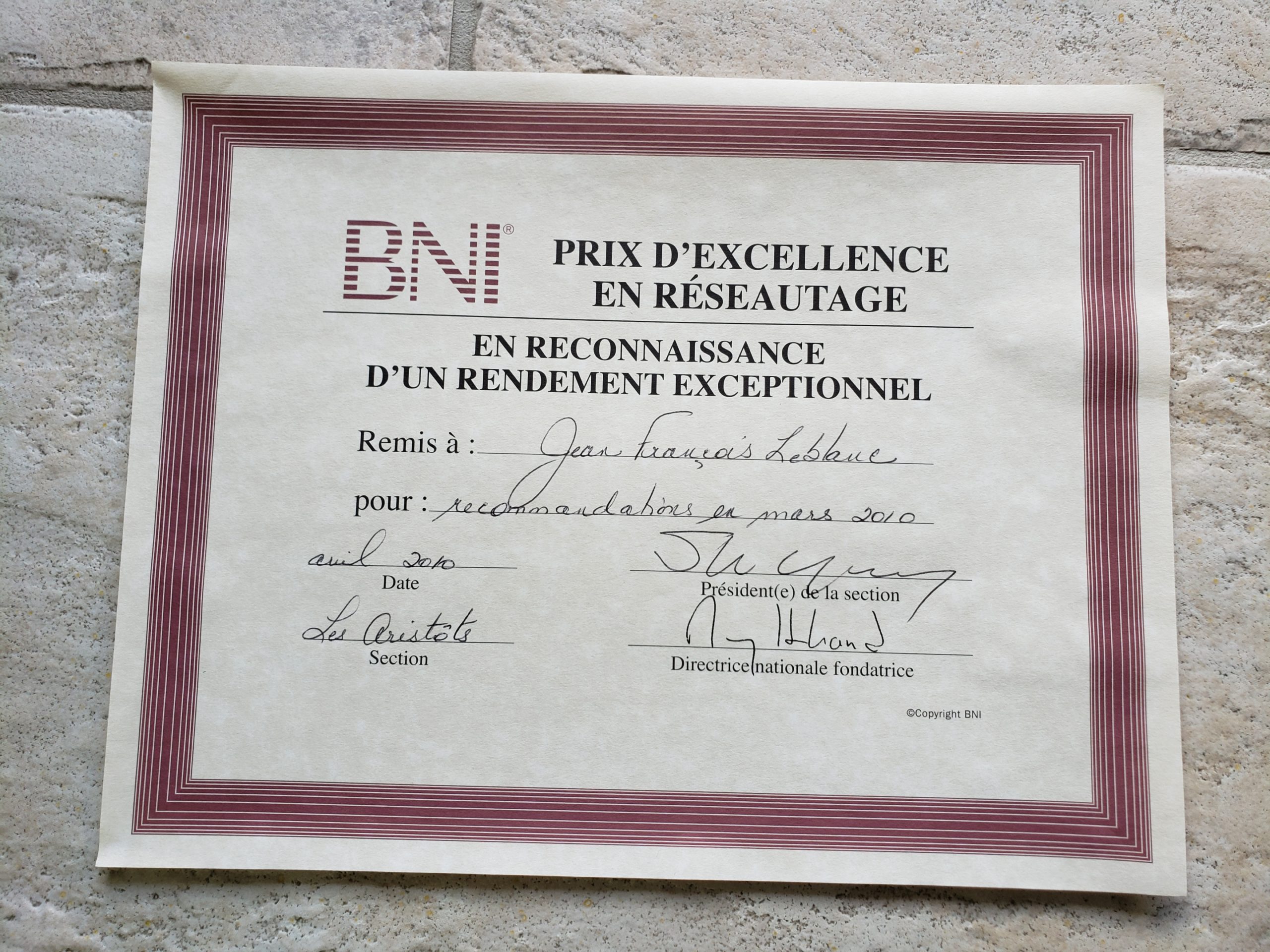 Quelques diplômes de mon temps dans les BNI (Business Network International)