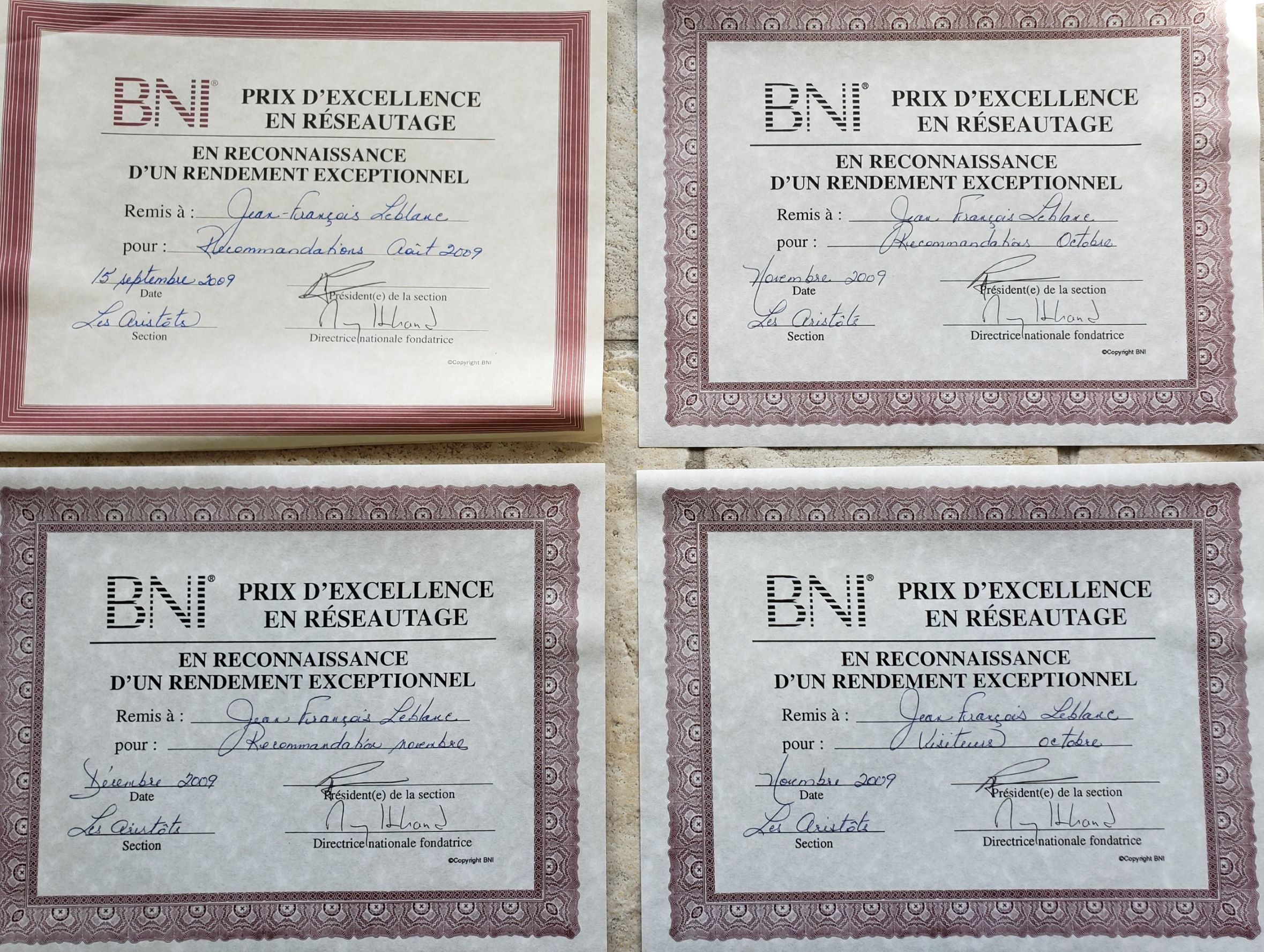 Quelques diplômes de mon temps dans les BNI (Business Network International)