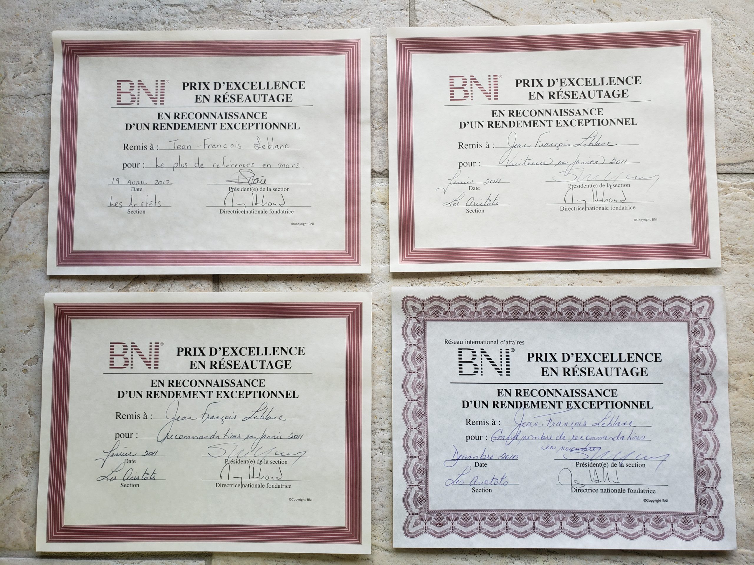 Quelques diplômes de mon temps dans les BNI (Business Network International)