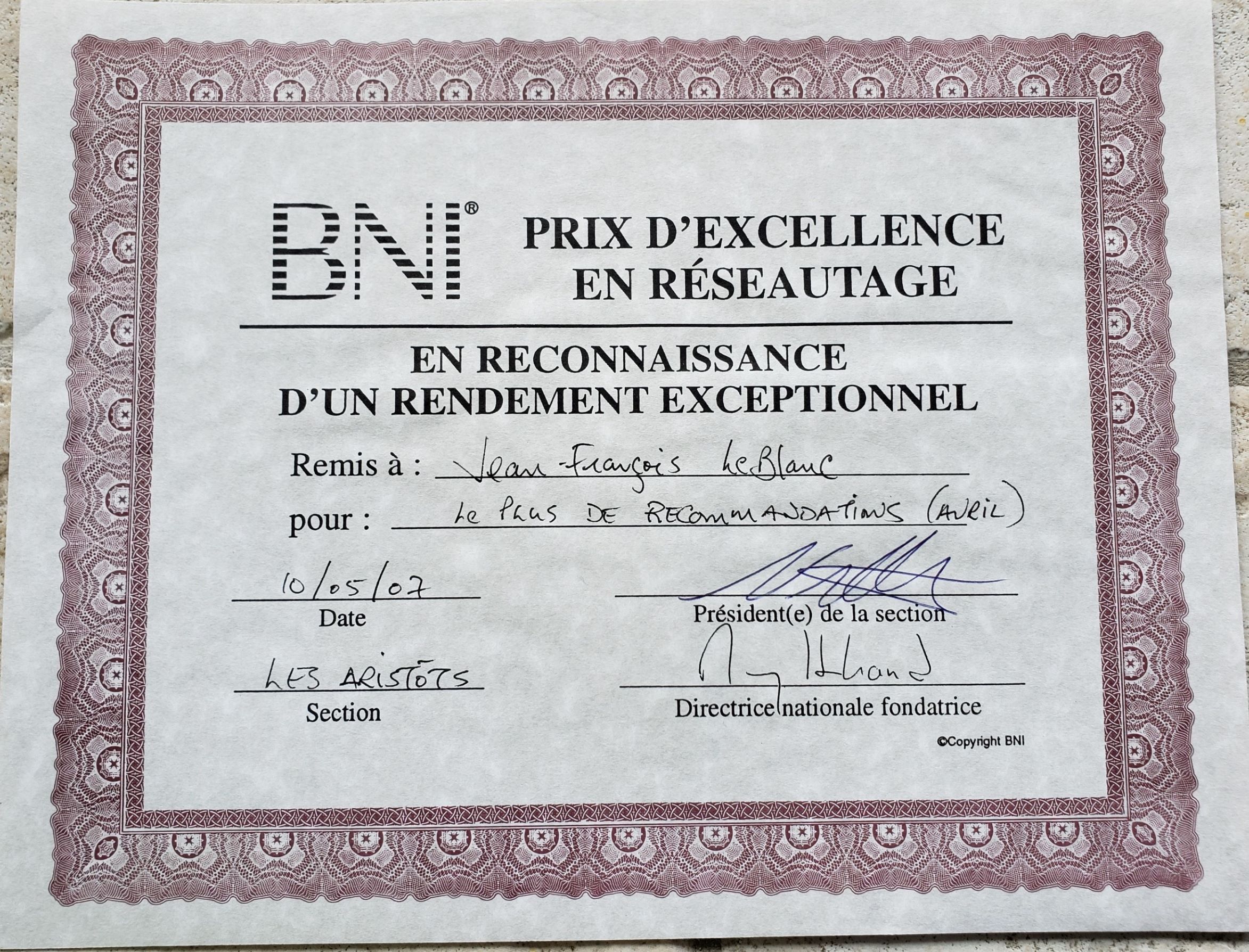 Quelques diplômes de mon temps dans les BNI (Business Network International)