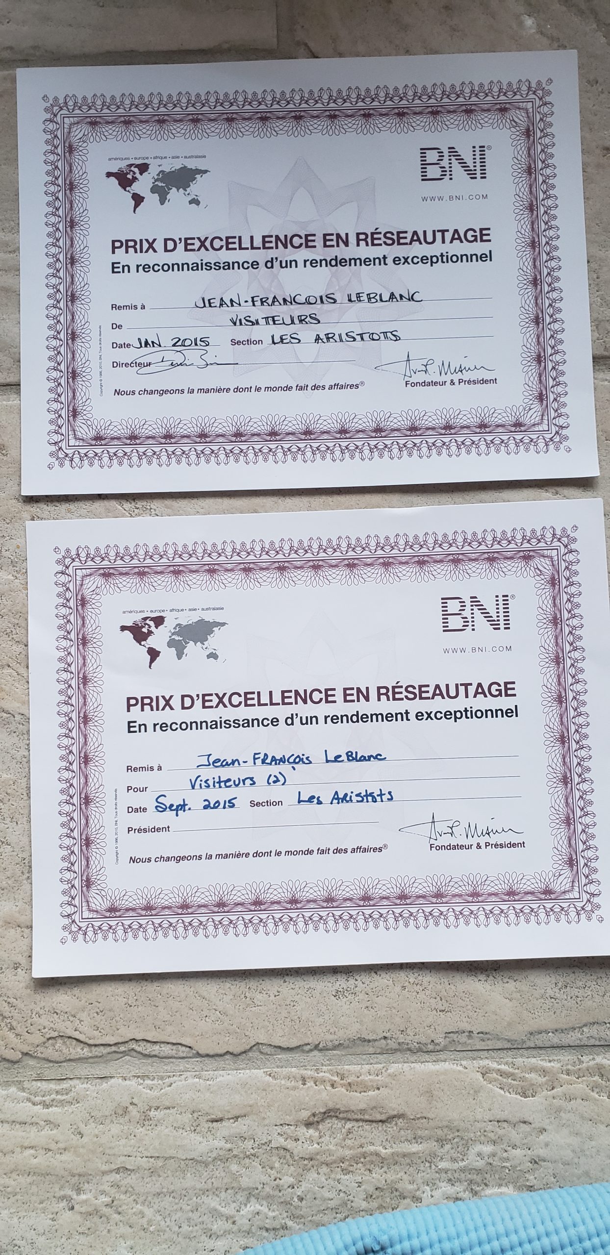 Quelques diplômes de mon temps dans les BNI (Business Network International)