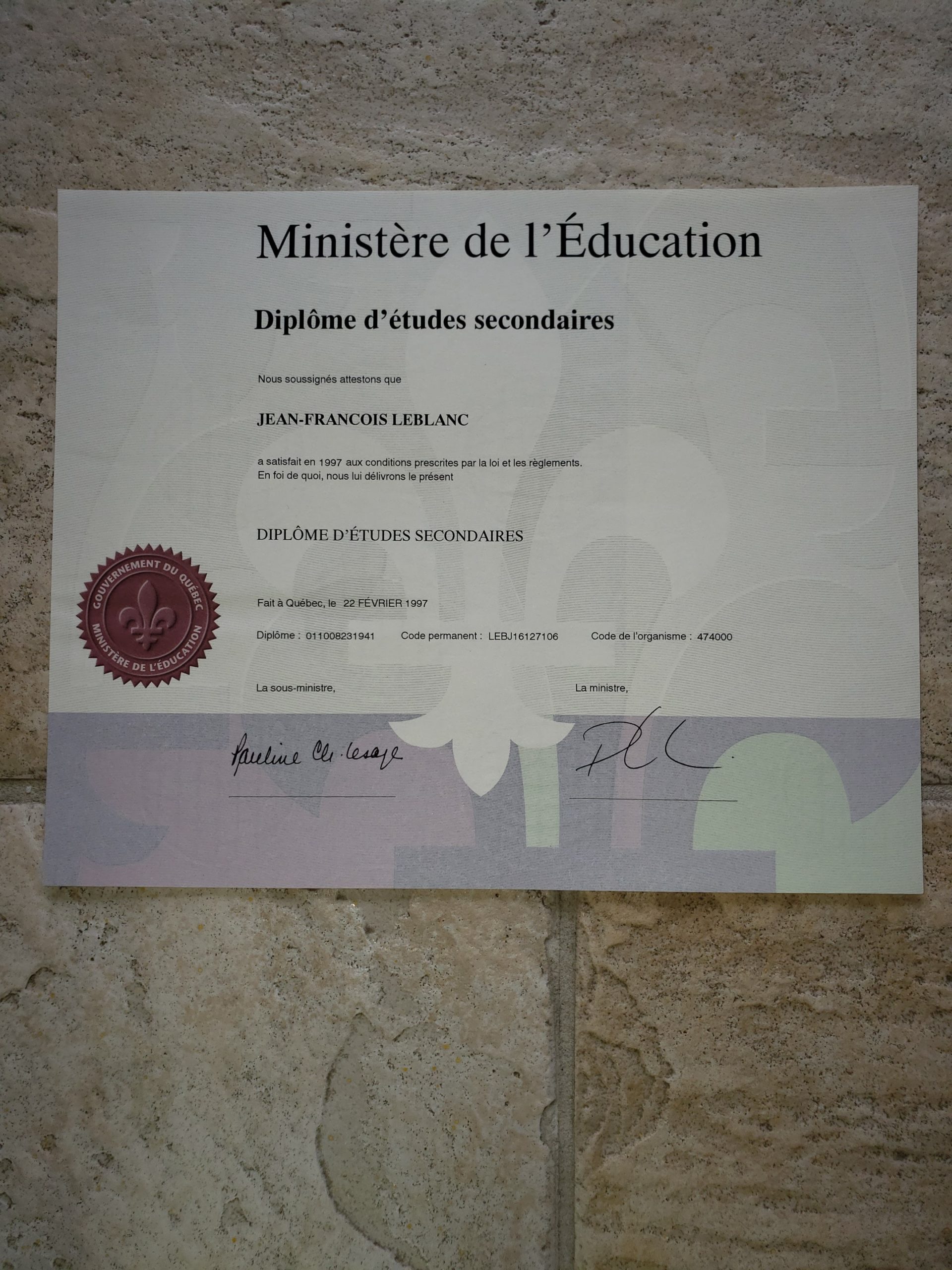 Diplôme d'études secondaires - DES - Jean-François LeBlanc