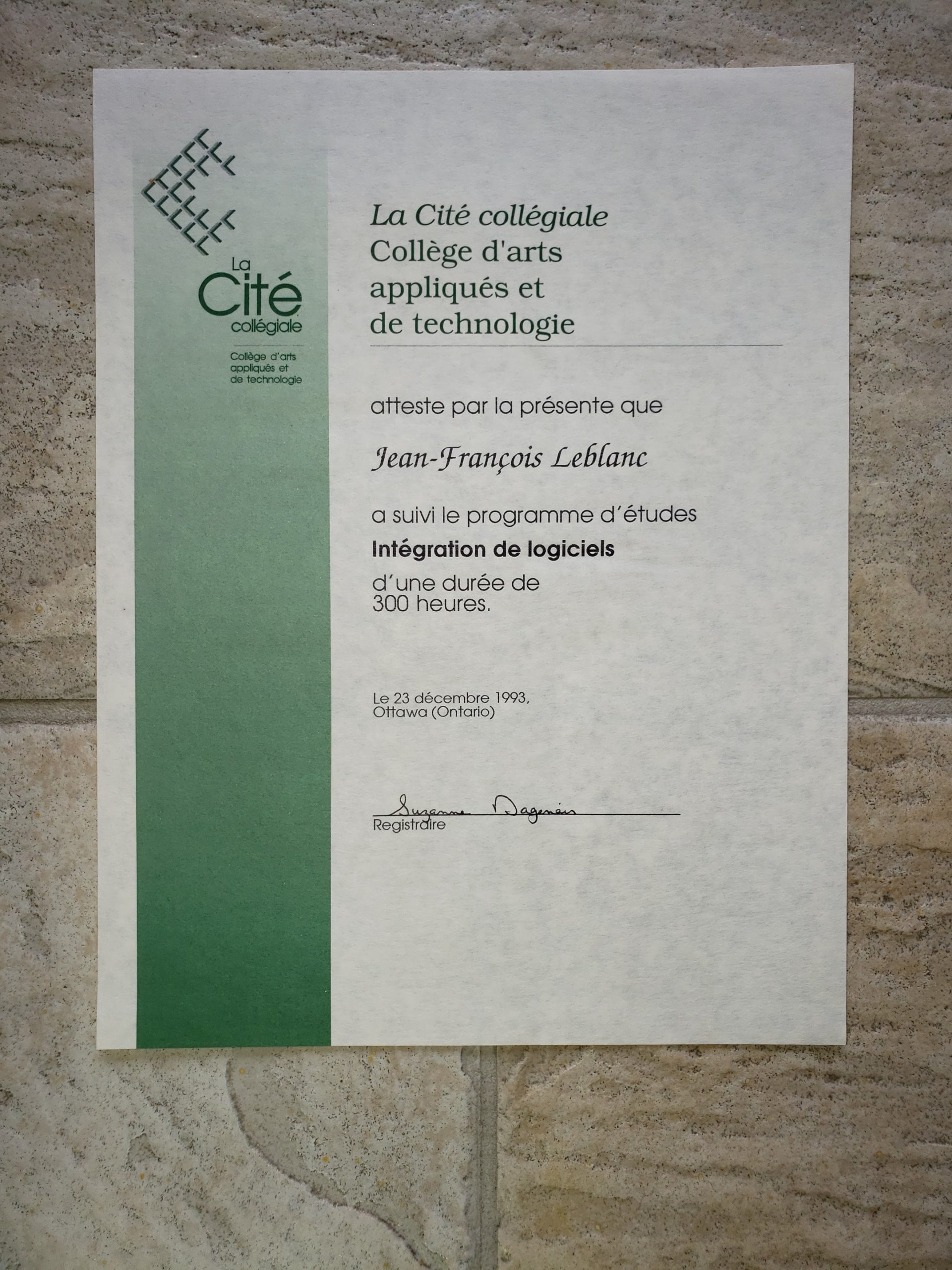 Cité collégiale collèege appliqué et de technologie - intégration de logiciels 300 heures 1993