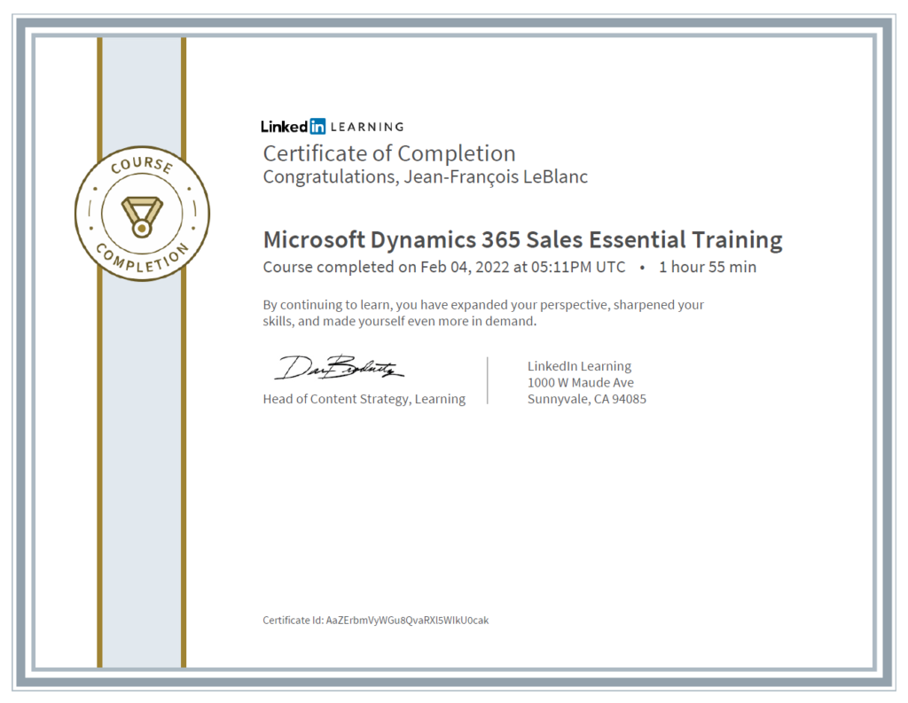 CertificateOfCompletion_Microsoft Dynamics 365 Sales Essential Training-Microsoft Dynamics 365 Sales Essential Training